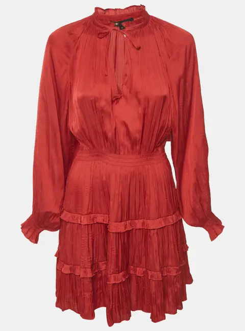 Maje Red Fluid Pleated Satin Ruffle Mini Dress S