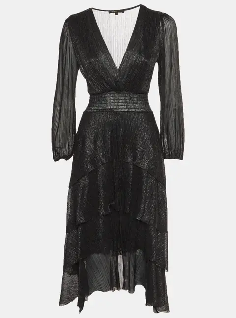 Maje Black Metallic Asymmetric Tiered Midi Dress S
