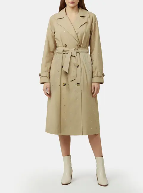 Maje Beige Studded Gabardine Long Trench Coat M
