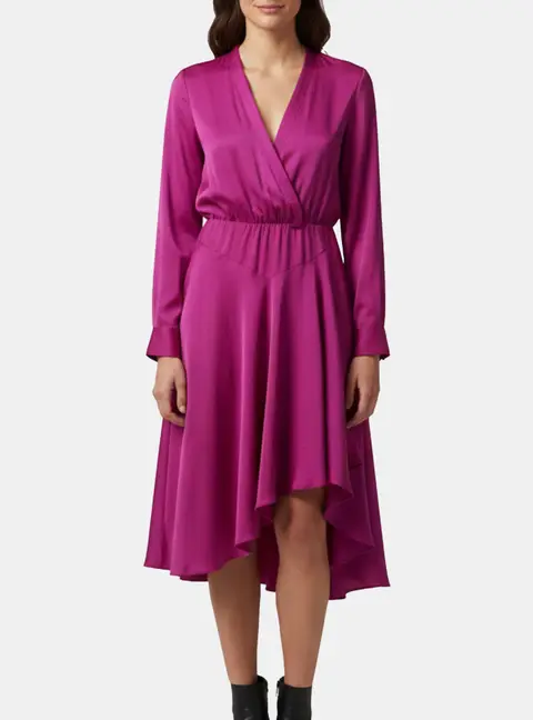 Maje Pink Satin Crepe Asymmetric Rushia Midi Dress L