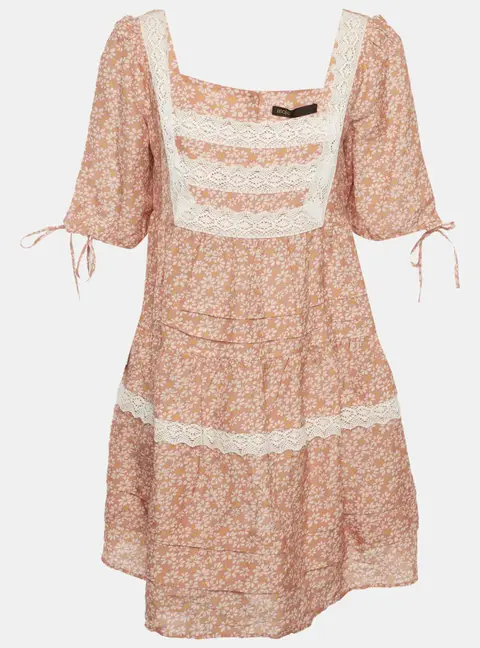 Maje Orange Floral Printed Linen Blend Lace Braid Dress L