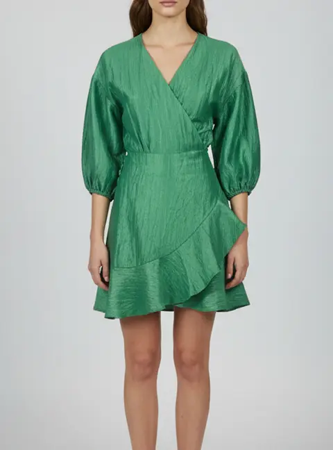 Maje Green Textured Linen Blend Wrap Mini Dress M