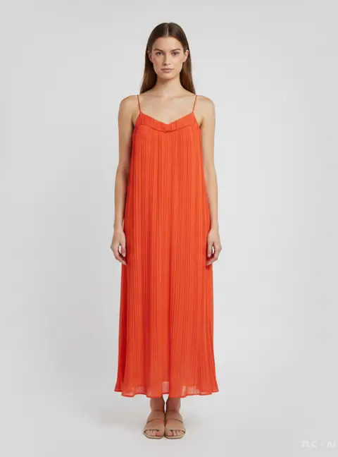 Maje Orange Crepe Plisse Rogelio Midi Dress S
