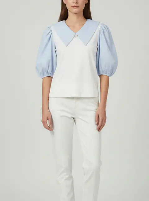 Maje White/Blue Striped Cotton and Jersey Blouse S