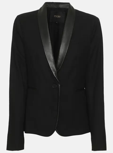 Maje Black Wool Blend and Lambskin Leather Single Breasted Blazer M