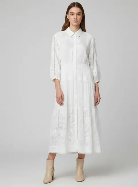Maje White Poplin Button Front Long Sleeve Midi Dress XL