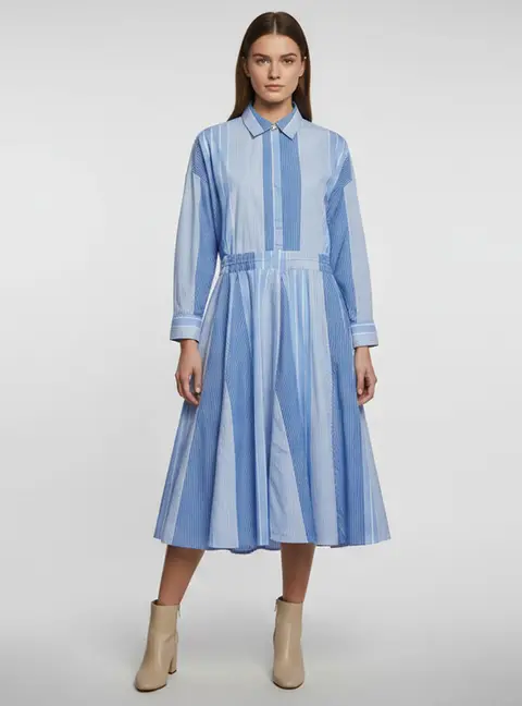 Maje Blue Stripe Cotton Long Sleeve Midi Dress XL