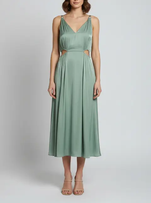 Maje Green Sateen Sleeveless Openwork Midi Dress S