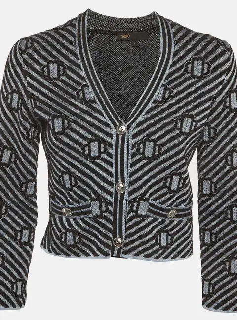 Maje Blue/Black Metallic Clover Jacquard Knit Cardigan S