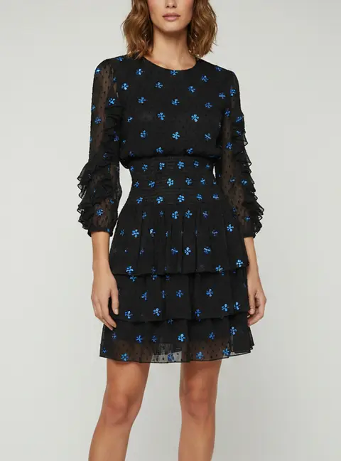 Maje Black Floral Embroidered Chiffon Swiss Dot Mini Rocko Dress M