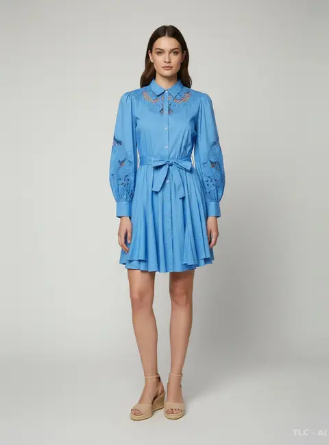 Maje Blue Cotton Poplin Rebello Flared Mini Dress S