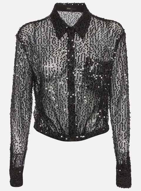 Maje Black Sequins Embellished Nylon Blend Esther Cropped Blouse L