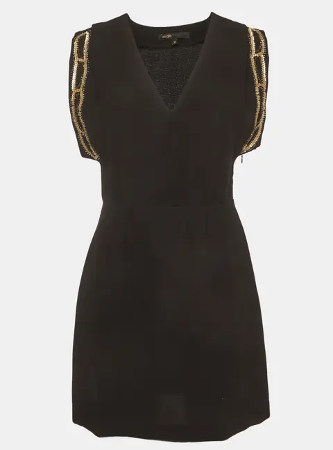 Maje Black Crepe Short Sleeve Embellished Rivera Dress M