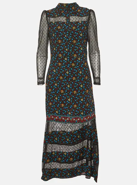 Maje Black Floral Print Crepe and Mesh Rezia Maxi Dress M