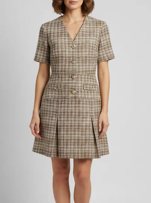 Maje Beige Tweed Button Detail Pleated Mini Dress L