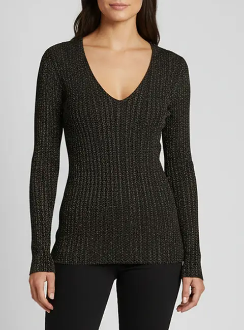 Maje Black Metallic Lurex Knit V-Neck Sweater L