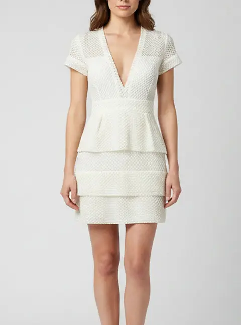 Maje White Mesh Short Sleeve V-Neck Mini Dress S
