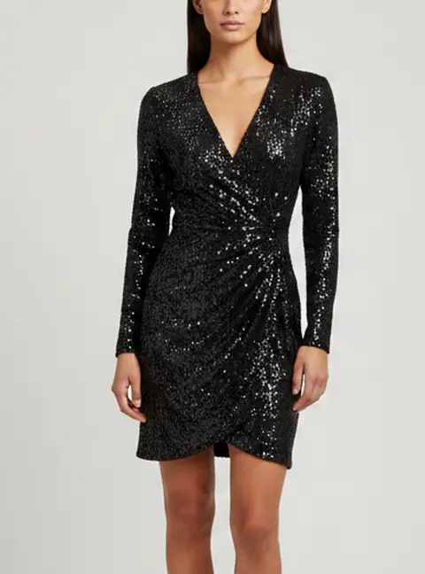 Maje Black Sequins Wrapped V-Neck Rivy Mini Dress L