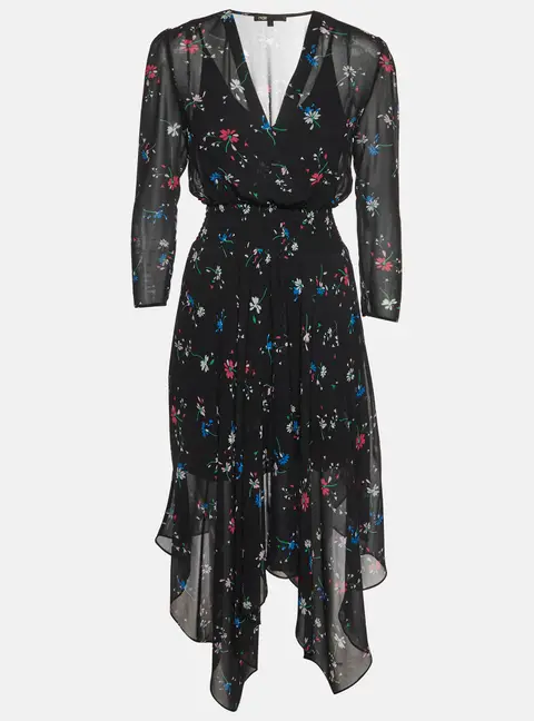 Maje Black Floral Print Crepe V- Neck Midi Dress S