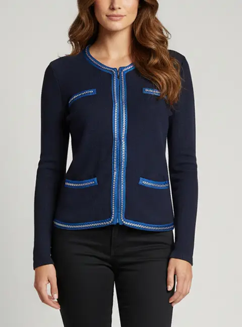 Maje Navy Blue Knit Chain Trim Long Sleeve Cardigan S