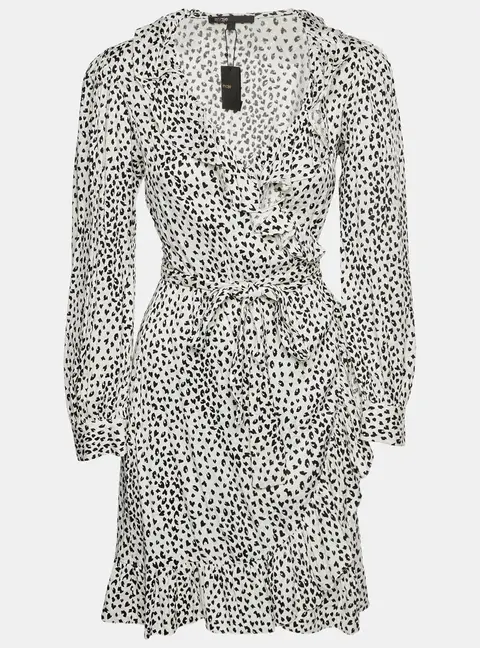 Maje White/Black Animal Jacquard Ruffled Rosana Wrap Dress