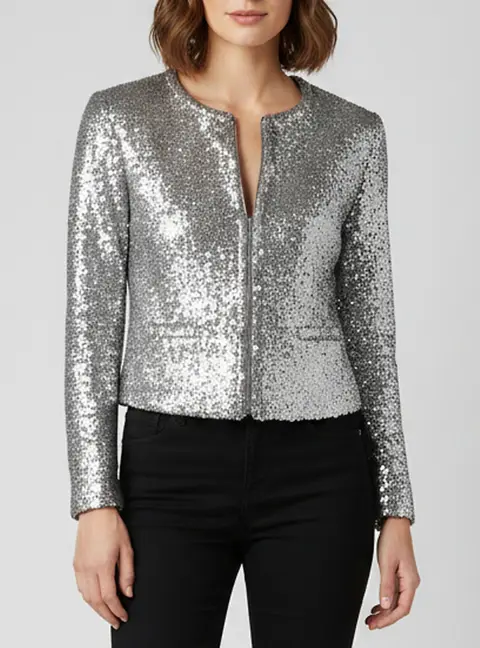 Maje Silver Mesh Sequin Long Sleeve Blazer S