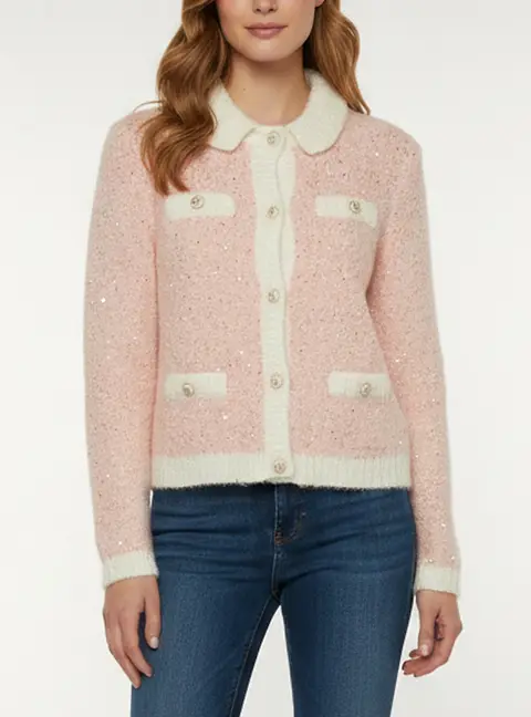 Maje Pink/White Lurex Knit Sequined Button Up Cardigan S