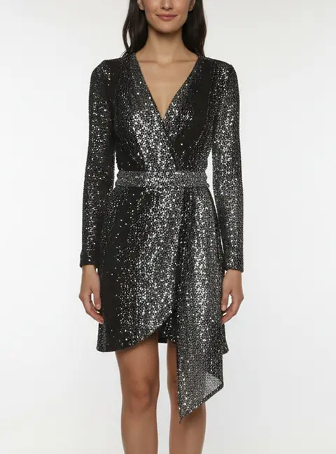 Maje Black Sequinned Wrap Over Rileta Mini Dress XS