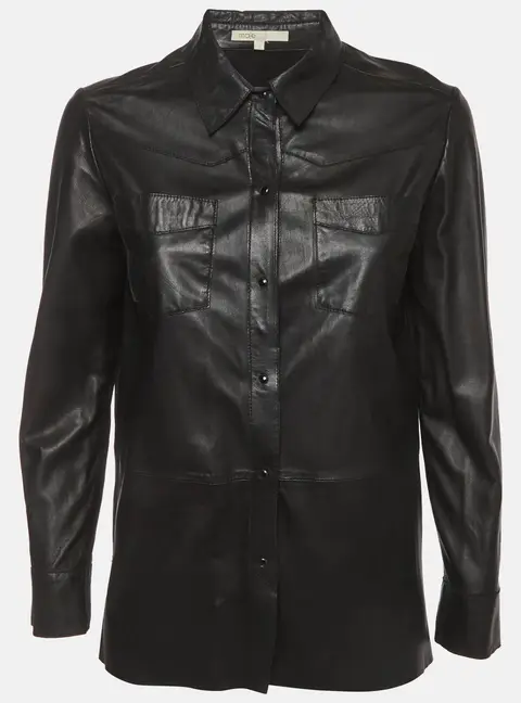 Maje Black Leather Button Down Fedda Shirt Jacket L
