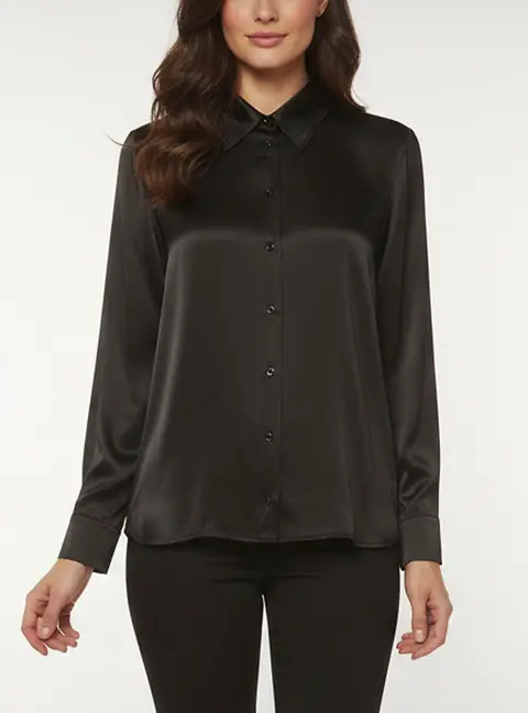 Maje Black Satin Long Sleeve Button Front Shirt S