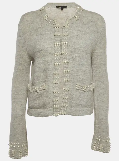 Maje Grey Pearl Embellished Knit Cardigan S