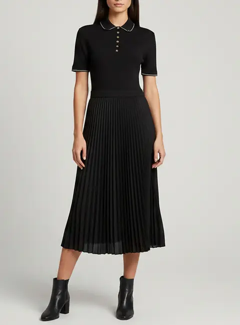 Maje Black Rib Knit Satin Pliss&eacute; Polo Midi Dress M
