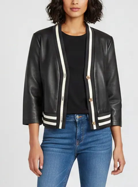 Maje Black Leather Rib Knit Trim Cropped Varsity Jacket L