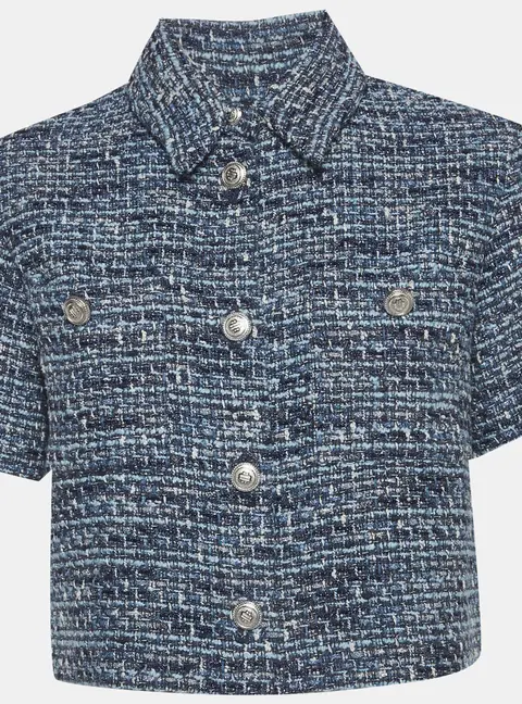Maje Metallic Blue Tweed Short Sleeved Top S