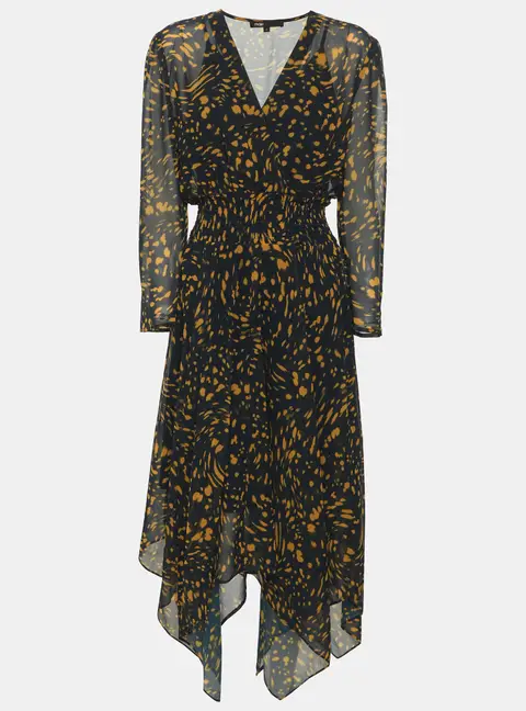 Maje Navy Blue/Yellow Printed Chiffon Midi Dress M