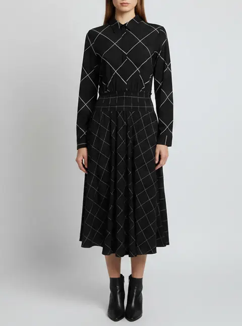 Maje Black Checked Gabardine Ralek Asymmetric Midi Dress L