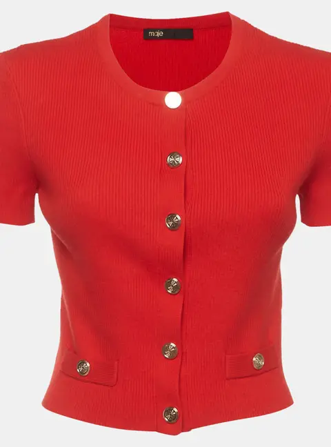 Maje Red Rib Knit Button Front Short Sleeve Cardigan S