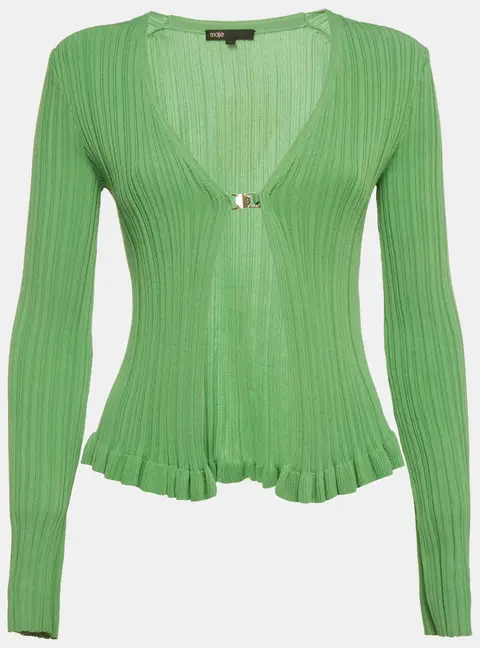 Maje Green Stretch Rib Knit Ruffle Cardigan S
