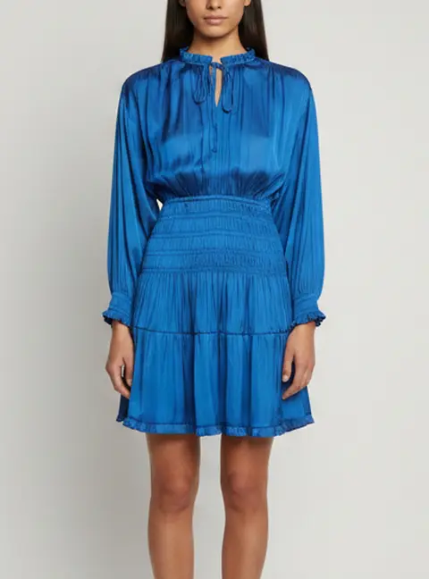 Maje Blue Satin Smocked Neck-Tie Tiered Mini Dress XS