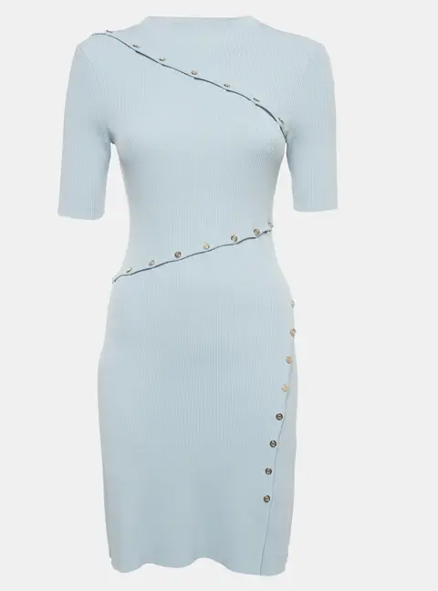 Maje Blue Rib Knit Short Sleeve Asymmetrical Dress S