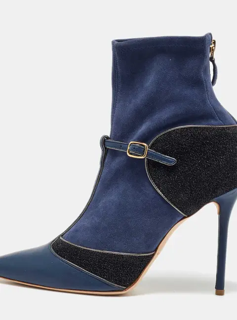 Malone Souliers Size 40 Blue Leather, Metallic Fabric and Suede Ankle Length Boots