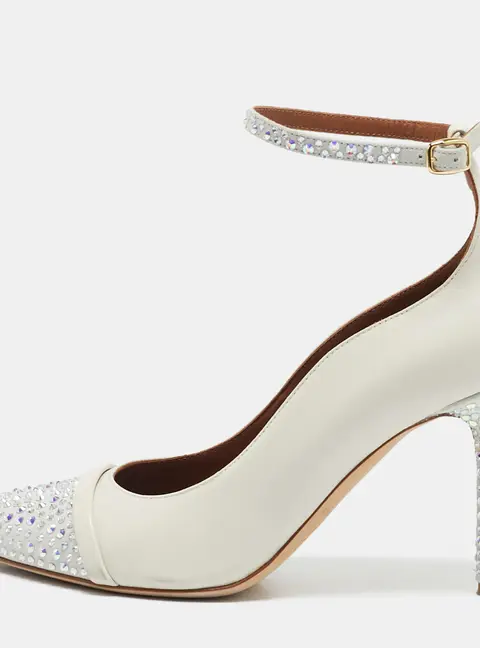 Malone Souliers White Leather and Suede Crystal Embellished Pumps Size 37