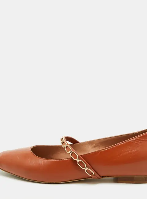 Malone Souliers Brown Leather Virna Chain Detail Mary Jane Ballet Flats Size 38.5