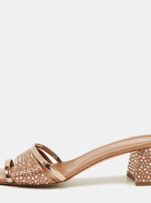 Malone Souliers Size 39.5 Gold Leather and Suede Crystal Embellished  Slide Sandals