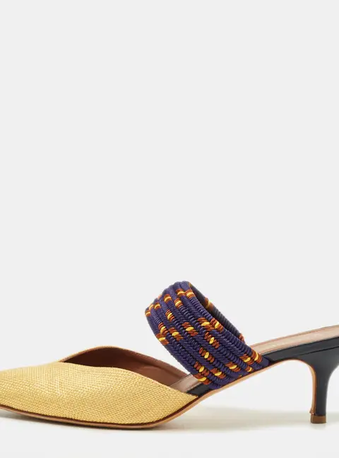 Malone Souliers Maisie Size 41 Gold/Navy Blue Leather and Raffia Mules
