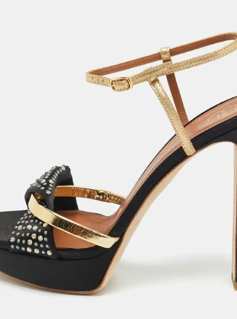 Malone Souliers Lauren Size 39 Black/Gold Leather and Satin Platform Sandals