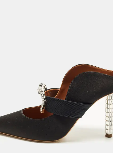 Malone Souliers x Emily in Paris Maureen Size 37 Black Satin Crystal Embellished Mules