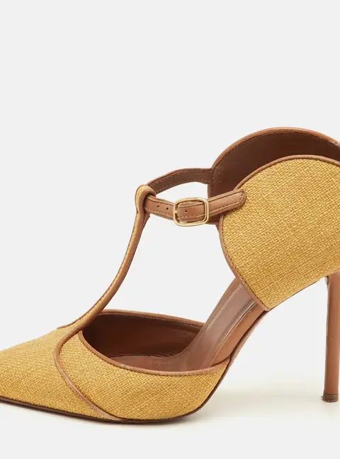 Malone Souliers Imogen Size 36.5 Yellow/Brown Canvas and Leather Pointed Toe Mules