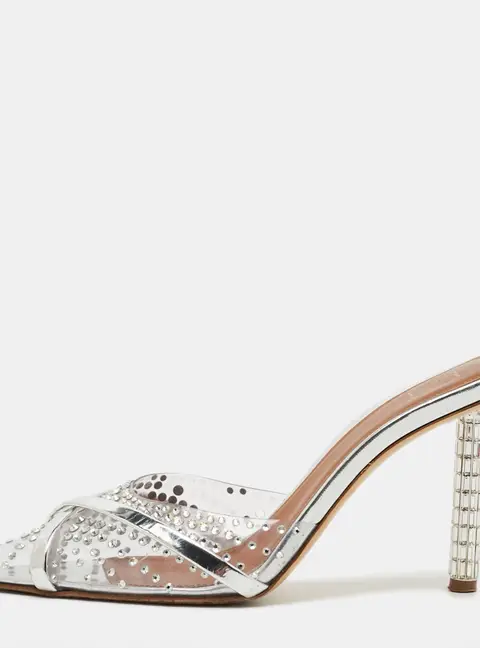 Malone Souliers Josephine Size 37.5 Transparent/Silver Patent Leather and PVC Crystal Embellished Mules