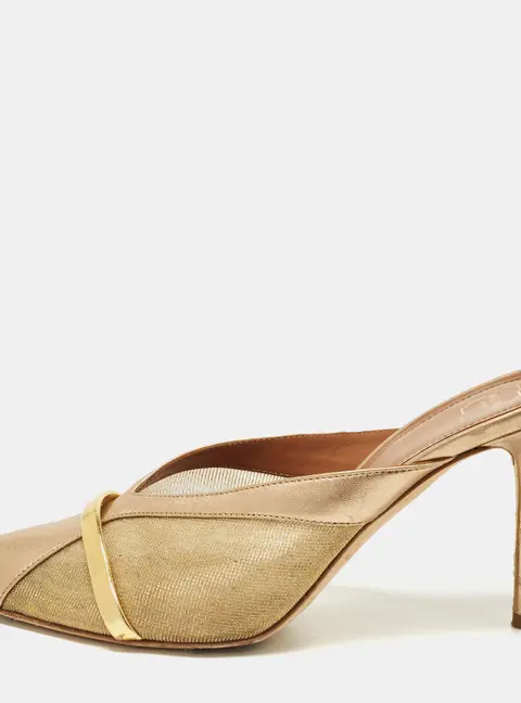 Malone Souliers Joella Size 37.5 Metallic Gold Leather and Mesh Mules